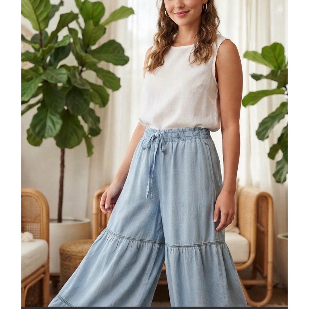ODDI Women Light Blue Tencel Tiered Wide Leg Boho Festival Pants Medium